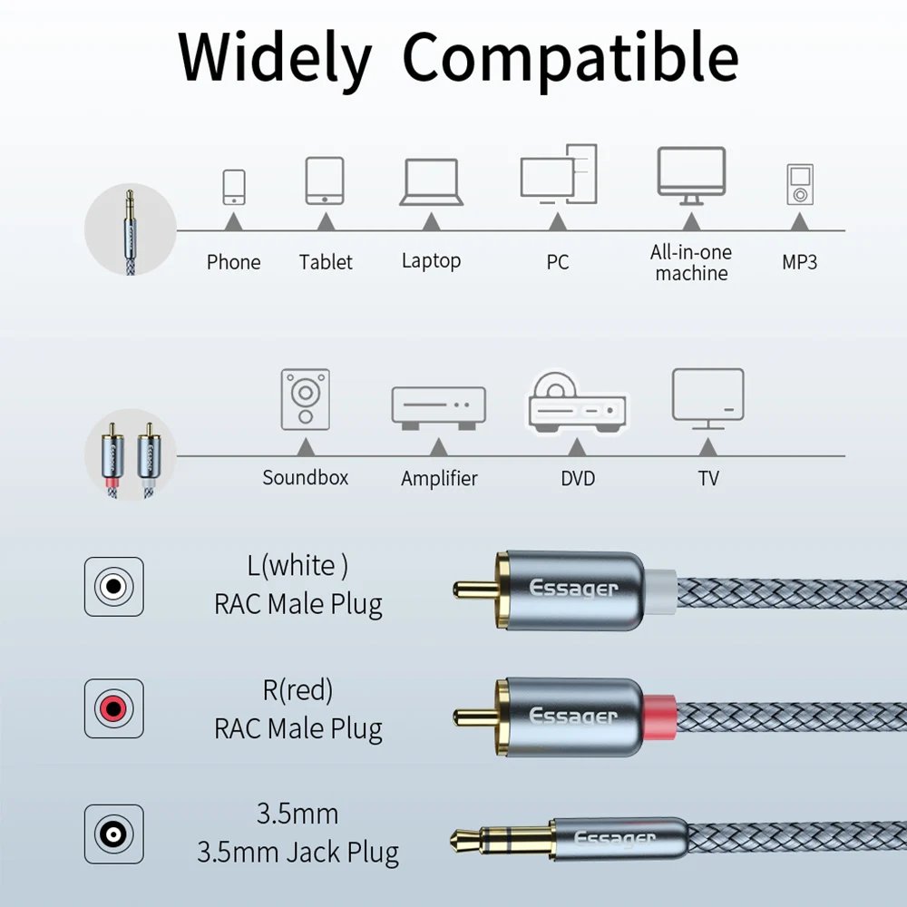Essager RCA Audio Cable Jack 3.5 to 2 RCA Cable 3.5mm Jack to 2RCA Male Splitter Aux Cable for TV PC Amplifiers DVD Speaker Wire-4