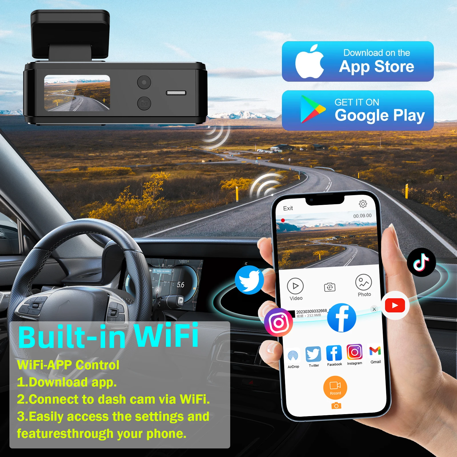 Aprilboy 4K WIFI Dash Cam 2160P Car DVR Front and Rear Dual Lens Auto Car Camera with Night Vision G-Sensor 24H Parking Monitor-5