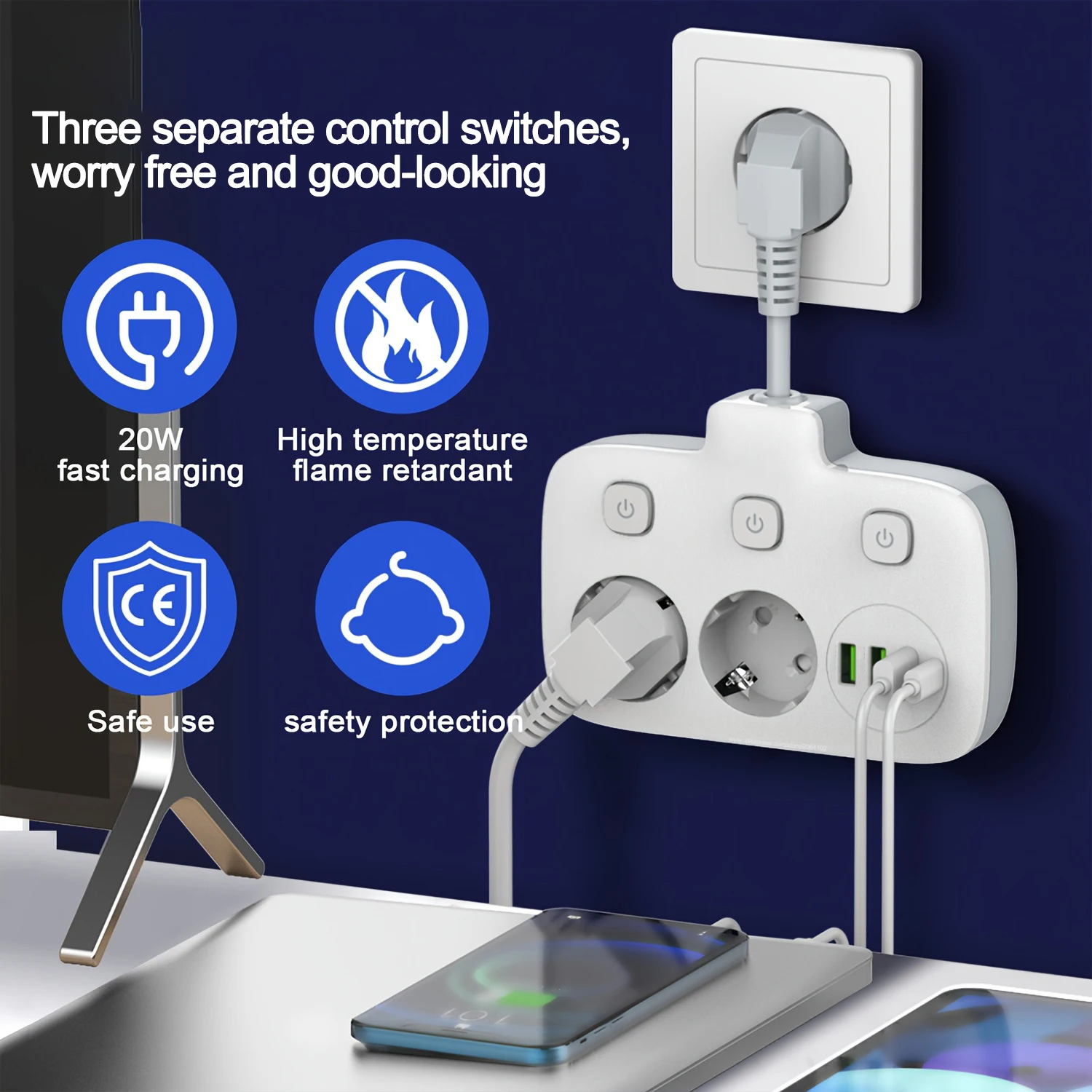 EU KR Plug Power Strip AC Outlets Multitap Electrical Wall Socket Extension Cord With USB C Ports Fast Charging Network Filter-5