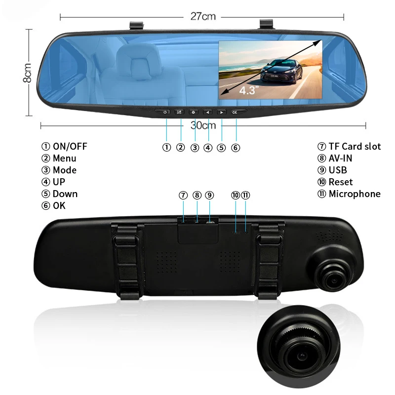 Dashcam 4.3Inch 1080P IPS Car DVR Driving Recorder  Rearview Mirror Dual Lens Car Recorder  Front and Rear Black Box-4