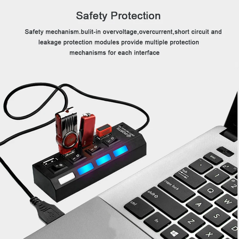 USB 2.0 Hub Multi USB Splitter Ports Hub Use Power Adapter 4/ 7 Port Multiple Expander Hub with Switch 30CM Cable For Home-5