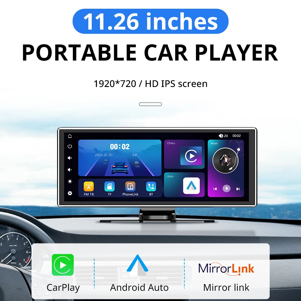 11.26 inch IPS Touch Screen Multimedia Video Player Portable 4K DVR Wireless CarPlay/Android Auto Dual Lens Driving Recorder-2