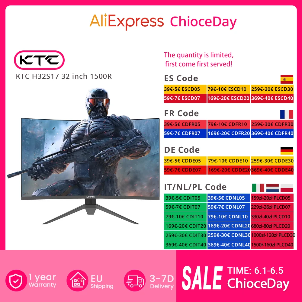 KTC H32S17 32 inch 1500R Curved Gaming Monitor 2560x1440 QHD 170Hz 16:9 ELED 99% sRGB HDR10 1ms MPRT Response Time Low-blue