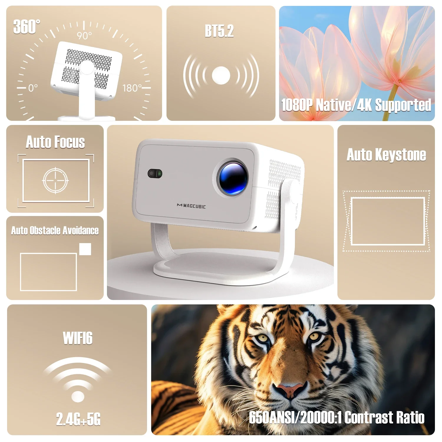 Magcubic Native 1080P 650ANSI 4K Android 11 L018 360° Projector With Auto Keystone Focus Air Mouse Wifi6 BT5.2 Portable Outdoor-2