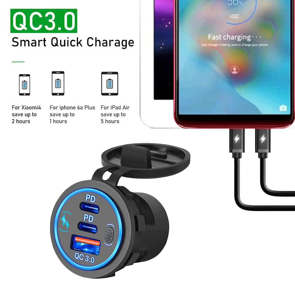 Car Charger Socket PD3.0 & QC3.0 Double USB C Ports Waterproof with LED Touch Switch 78W Fast Charging 12V/24V For Moto Adapter-2