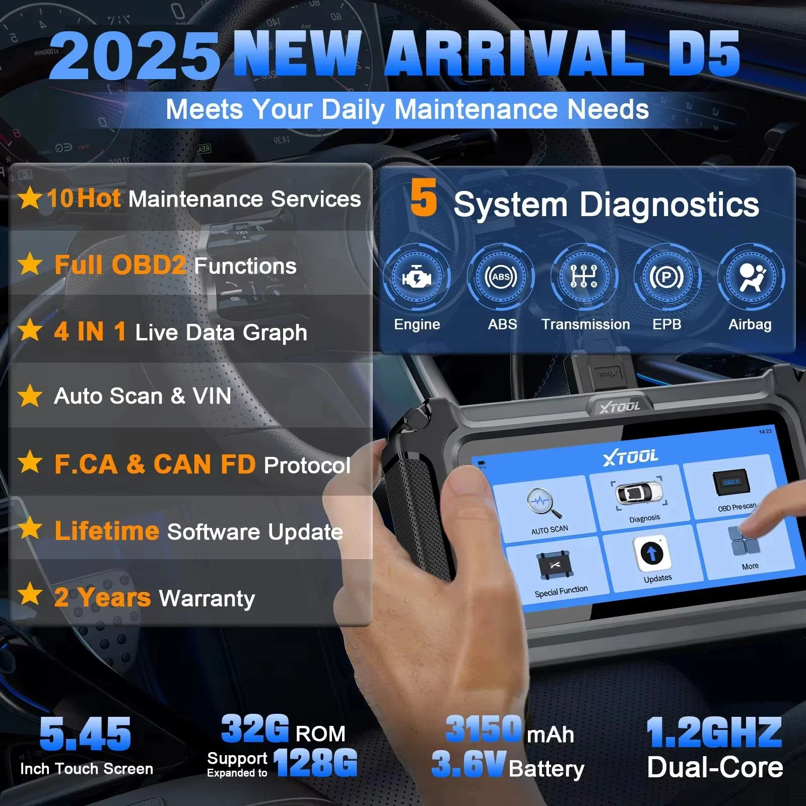 XTOOL D5 Automotive Diagnostic Tool ABS EPB Airbag Engine 5 System OBD2 Scanner Live Data CAN FD FCA Lifetime Free Update-2