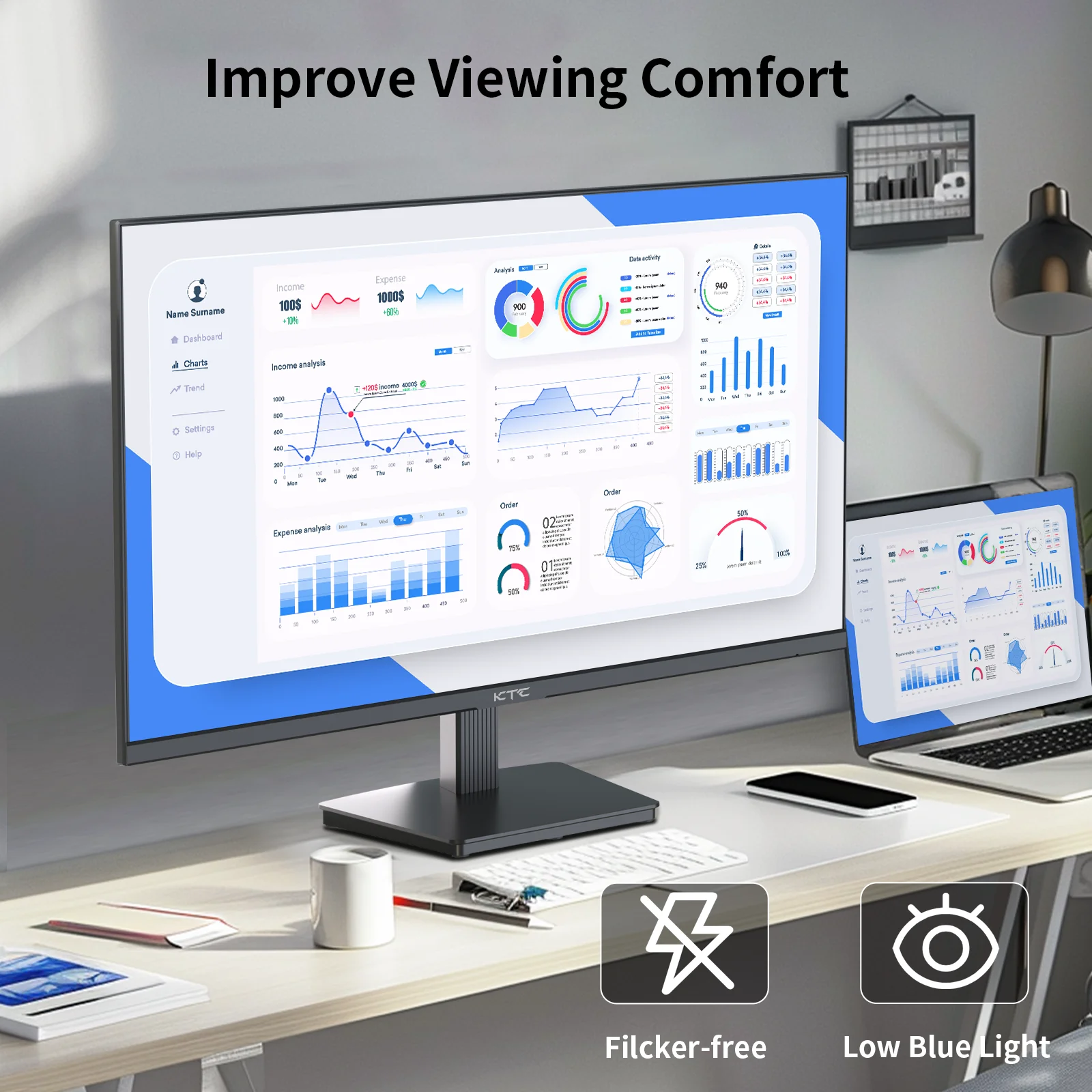 KTC H27T27 27inch QHD 100Hz Gaming Monitor 2560x1440 IPS Fast Panel Screen 16:9 ELED 1ms GTG Response Time 99% sRGB HDR10-4