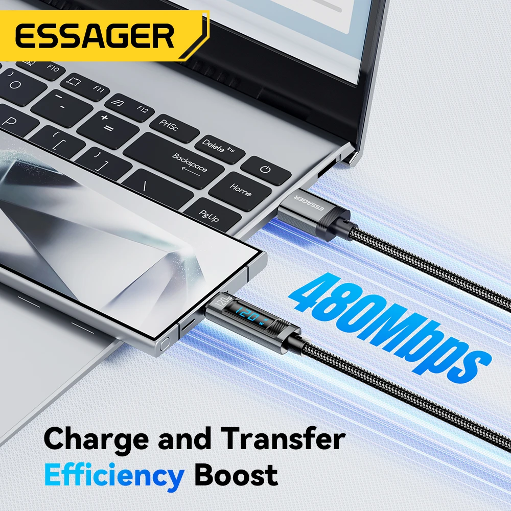 Essager 120W USB  Type C Cable Fast Charging USB C Charger Cord For For iPhone 15 14 13 12 Huawei With Led Digital Display Cable-5