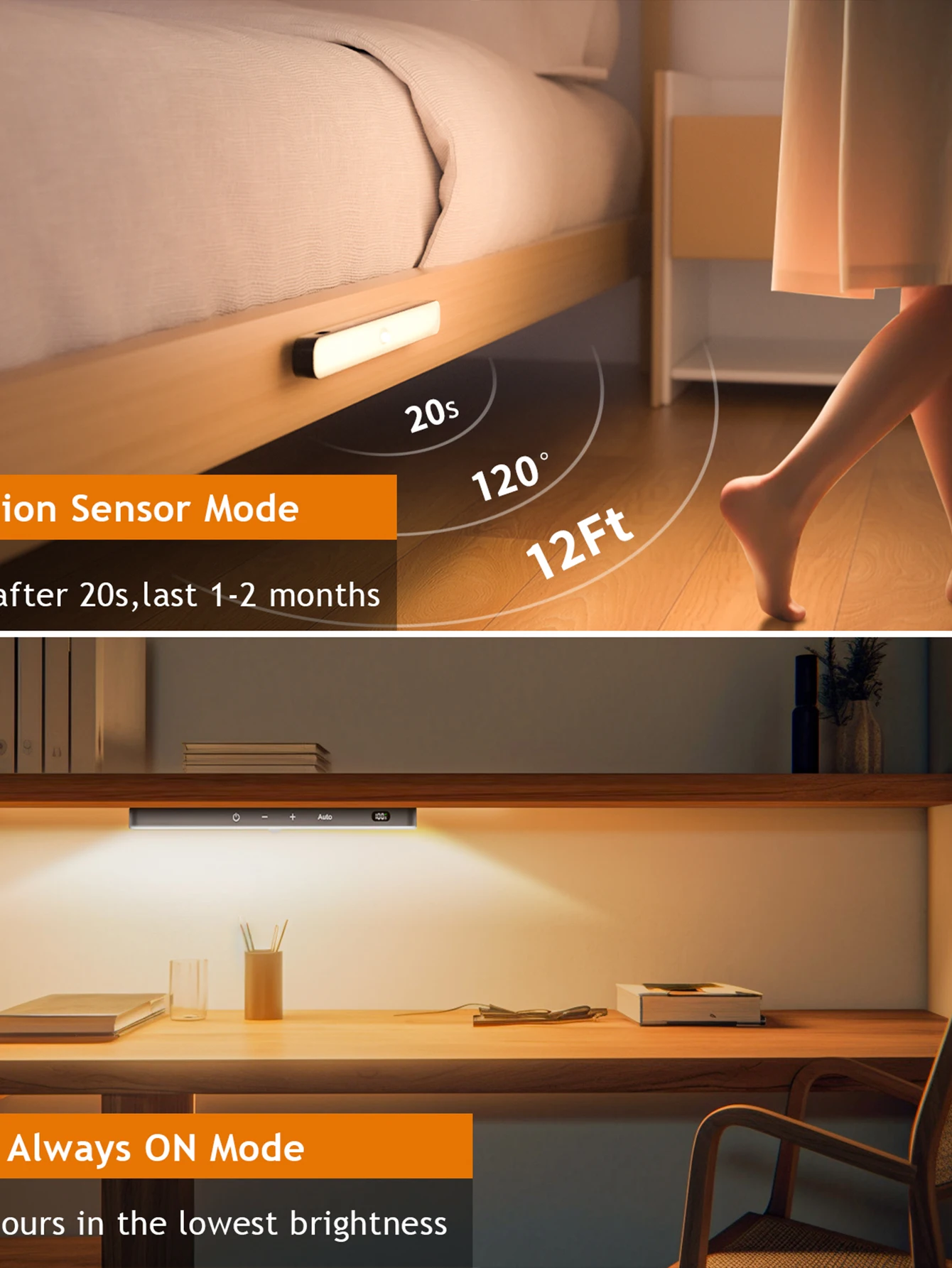 WILLED Motion Sensor Cabinet Warm Light Battery Display 60 LED Touch Light Bar Wireless Rechargeable Battery Night Light-6