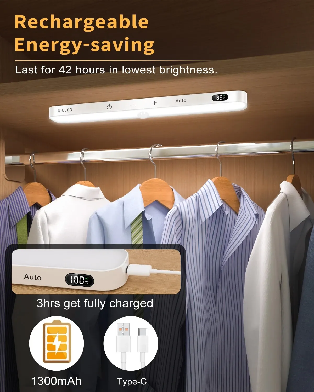 WILLED Motion Sensor Cabinet Light Battery Display 60 LED Touch Light Bar Wireless Rechargeable Battery Night Light-3