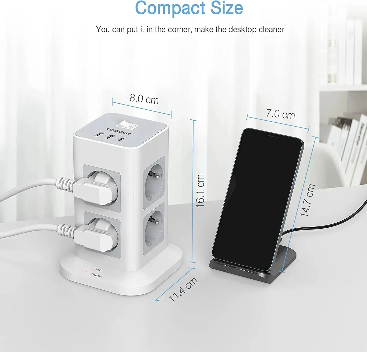 TESSAN Tower Power Strip Multi Outlets with 2 USB +1 Type C 2M Extension Cable EU Plug Vertical Electric Socket Surge Protection-6
