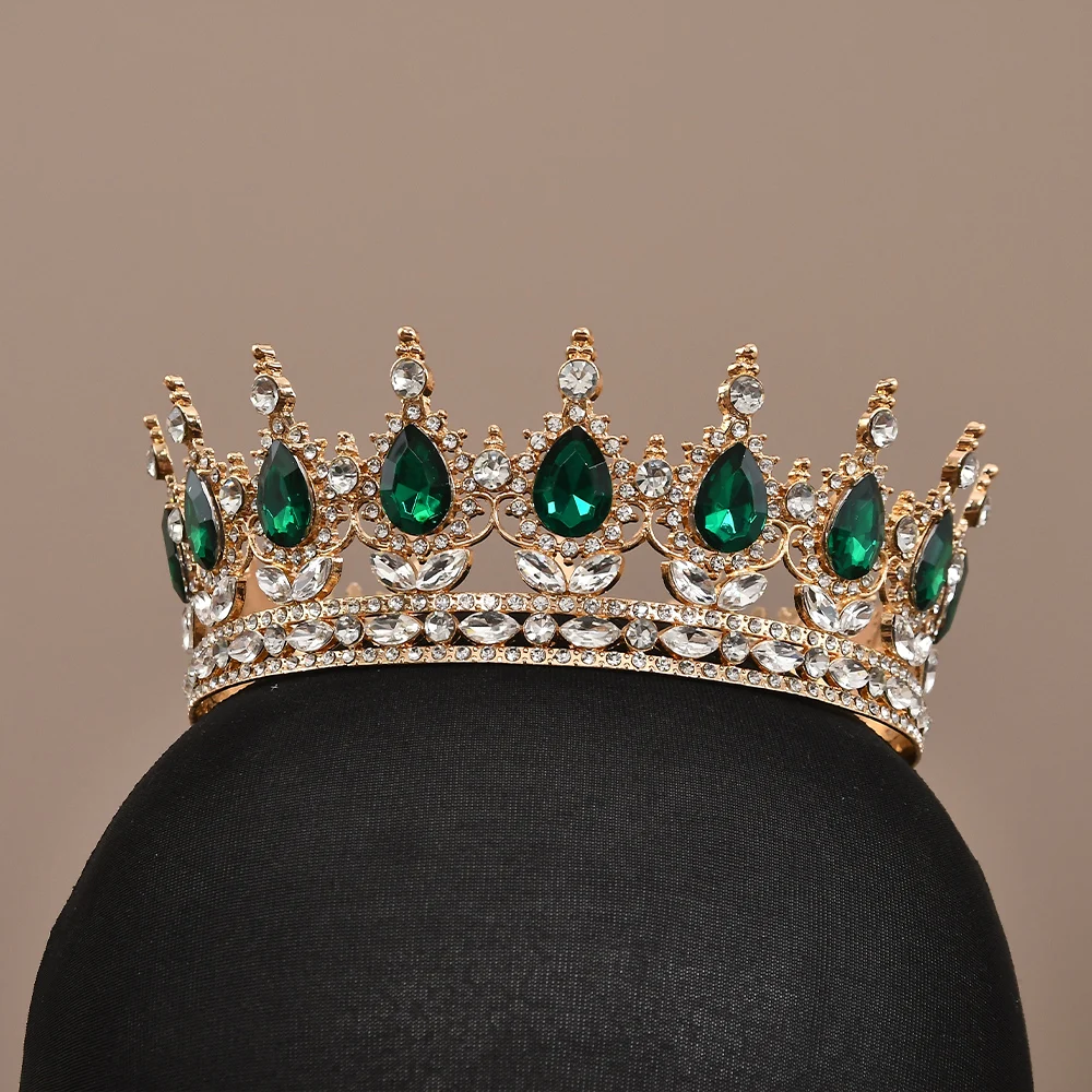 European Princess Queen Tiara Round Baroque Pageant Crowns Crystal Full Crown King Tiaras Bridal Wedding Hair Accessories-3