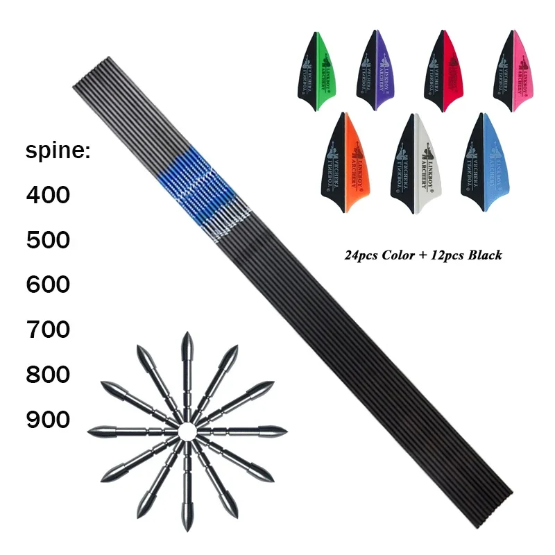 Archery Carbon Arrows Shaft ID4.2mm Spine 400-1000 1.75inch Plastic Vanes 80 Grain Points for Recurve Bow Archery shooting 12pcs