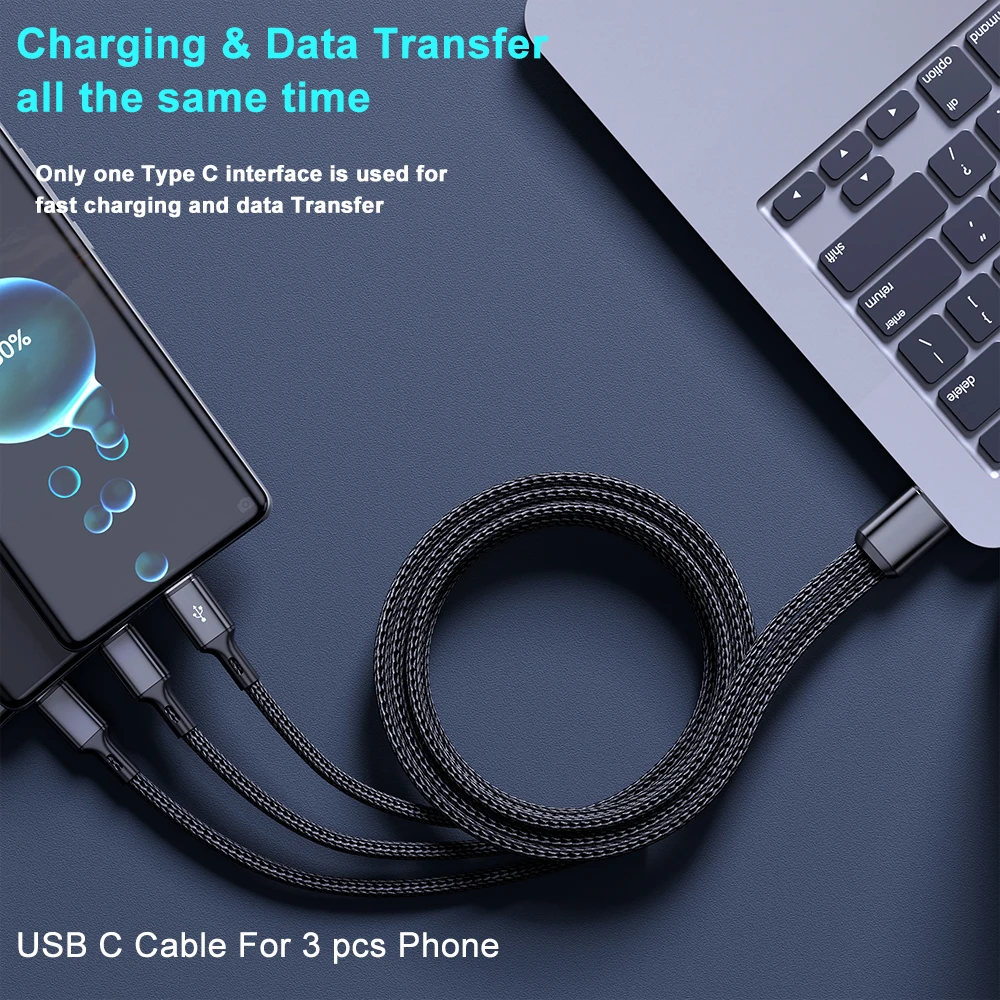 3 in1 USB to 3×Type - C Cable 100W 6A fast charge for Samsung S24 Xiaomi Huawei android phone usb c High-speed data transmission-5