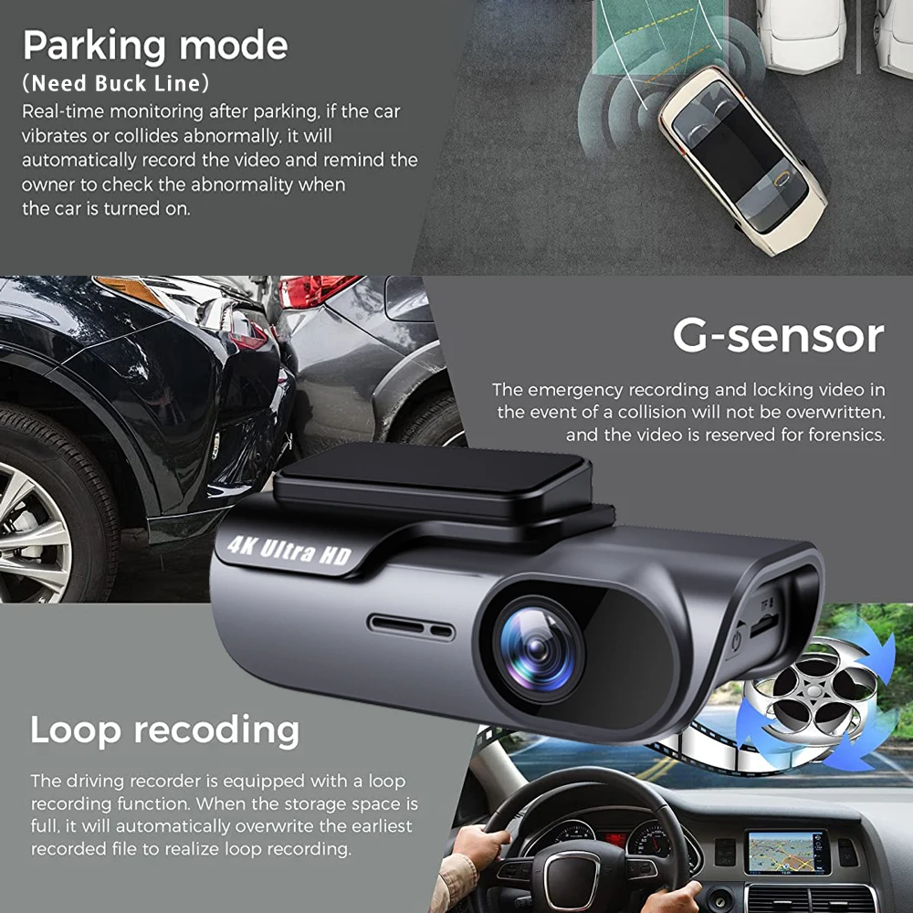 4K 3840*2160P Dash Cam WIFI Car DVR Camera Video Drive Recorder Dashcam Registrar Black Box 24 Hour Monitoring Night Vision-5
