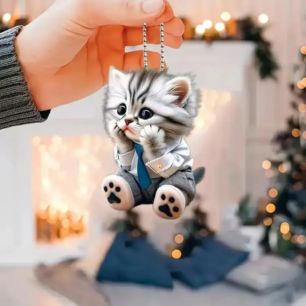 Car Pendant Hanging Ornament With Chain Realistic Animal Cat-Shaped Rearview Mirror Hanging Decor Car Interior Accessories-2