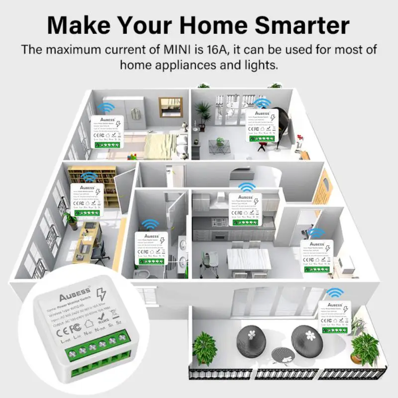 16A Tuya Smart WiFi Switch,2-way Mini Light Switch Power Metering Breaker,For Alexa,Google Home,Yandex Alice,Smart Life Control-2