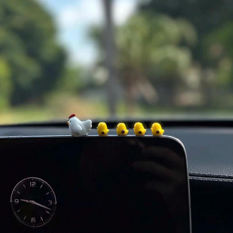 5PC Car interior decoration accessories, cute female cartoon figurines, rear mirror, air outlet, mini yellow chicken-5