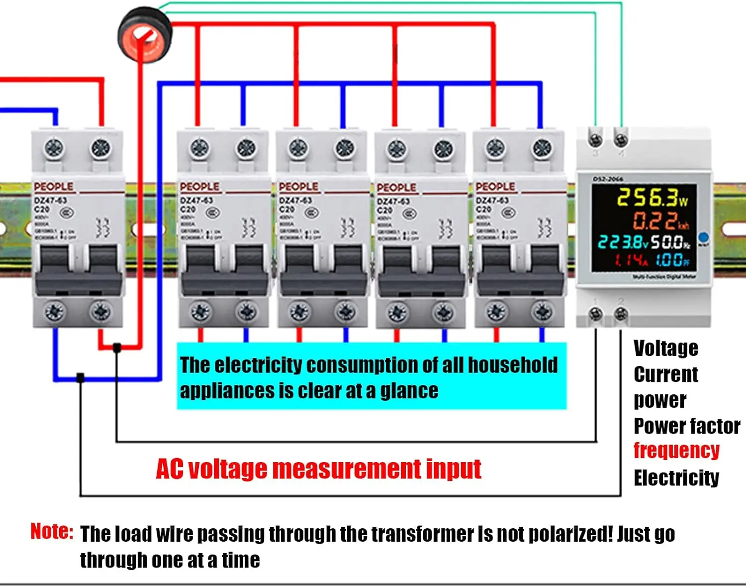 Single Phase Energy Meter Din Rail Electricity Usage Monitor AC 40-300V 100A Voltmeter Ammeter Watt Kwh Frequency Power Meter-6
