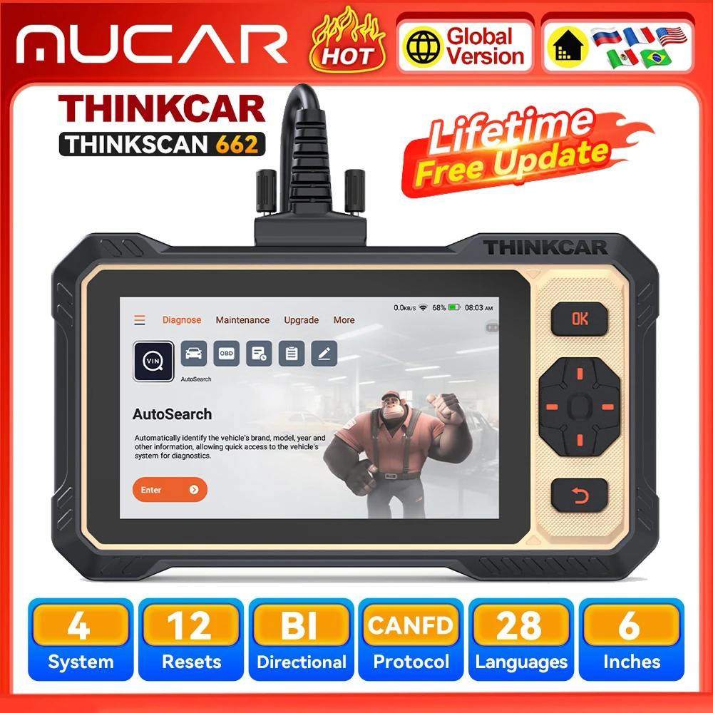 Thinkcar Thinkscan 662 Diagnostic Tools ECM/TCM/SRS/ABS 4 Systems OBD2 Scanner 12 Resets Lifetime Free Update CANFD Scan Tools