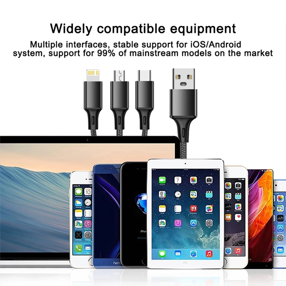 3 In 1 USB Charger Fast Charging Cable Type C Micro LIGHTNING Multi Charger Cable for iPhone Huawei Samsung Nylon Braided Cord-4