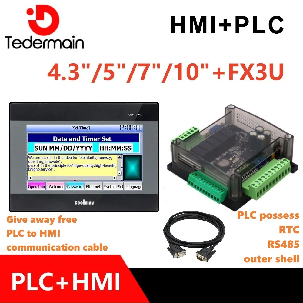 COOLMAY HMI touch screen 4.3 "/5" /7 "/10" combo set with FX3U-14M/24M/30M/32M/48M/56M-6AD2DA includes communication cable