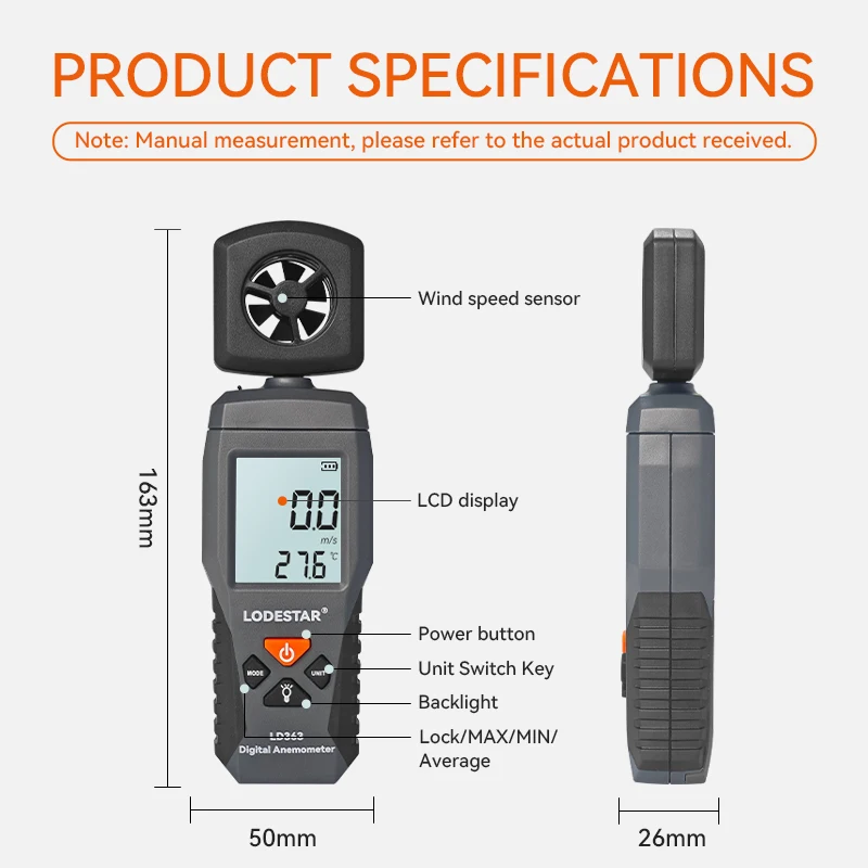 LODESTAR Handheld Mini Digital Anemometer LD363 Wind Speed Measurement Temperature Tester LCD Display Air Flow Speed Wind Level-5
