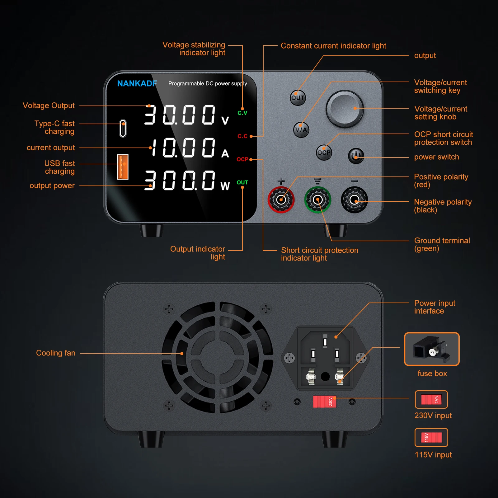 DC lab power supply 30V 10A adjustable power supply with 5V 2A USB charging display regulator, used for telephone maintenance-6
