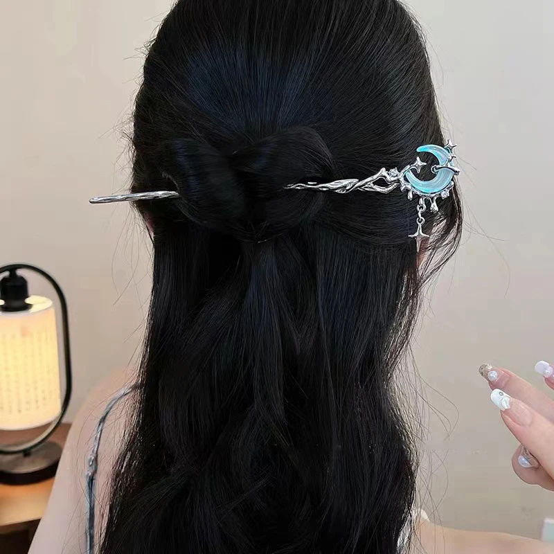 Romantic Moonstone Star Moon Hair Stick Metal Branch Hairpin Hair Fork Chinese Style Hair Accessories for Girls Hair Jewelry-2