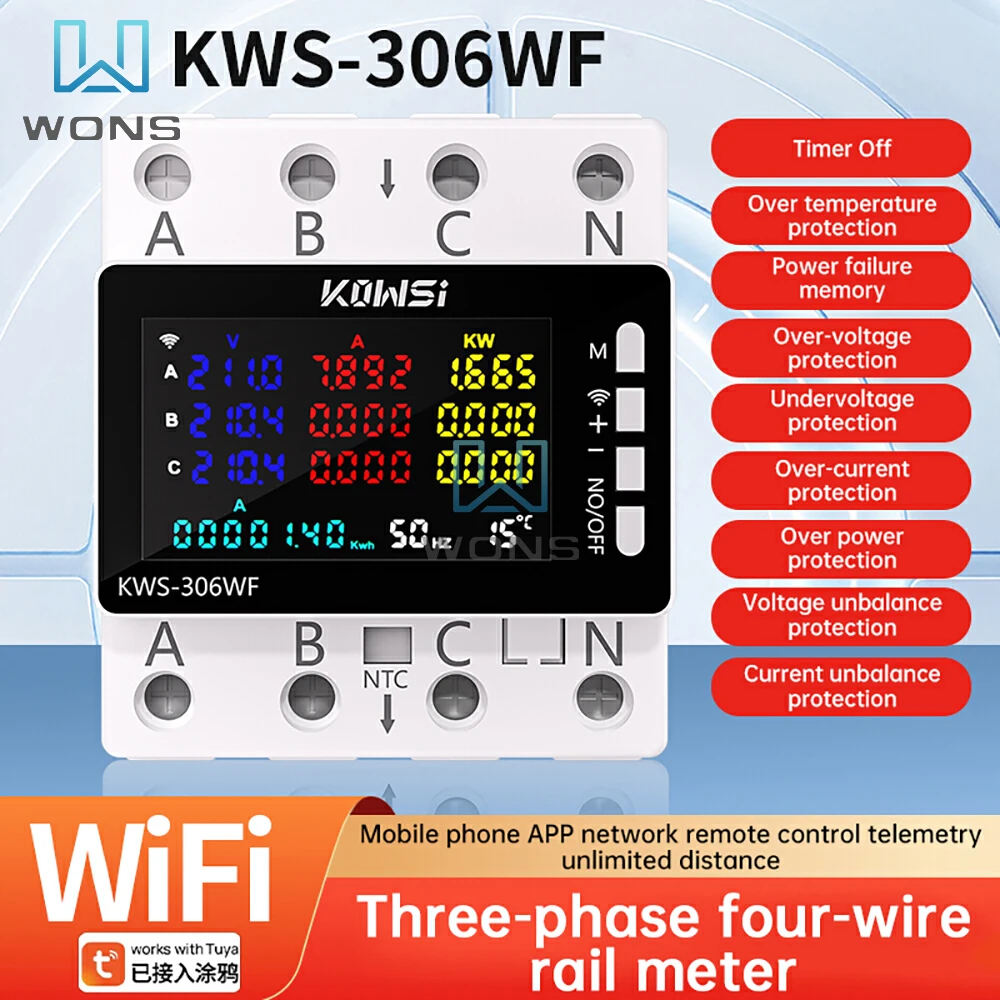 KWS-306 Tuya WIFI Power Meter Voltage Current  Energy Meter Three Phase Four Wire Rail Phone APP Remote Control AC 85-290V 80A-3