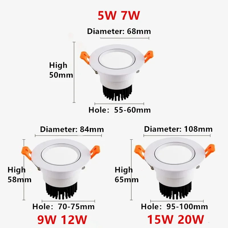 High-performance Embedded LED Downlight Angle Adjustable 5W7W9W12W15W20W COB Anti-Glare Dimmable Ceiling Light Spotlights CRI＞98-4