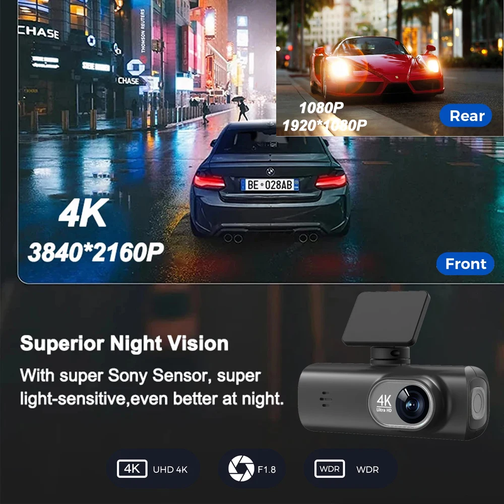 UHD 4K Dash Cam Dual Lens Driving Recorder Car DVR 1080P Rear Lens Camera Built-In WiFi GPS 24-Hour Parking Monitoring Black Box-3