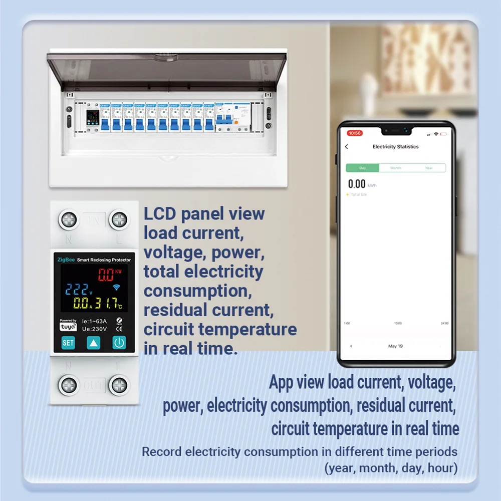 Tuya ZigBee Smart Reclosing Protector Metering APP Timed 63A Overcurrent Overvoltage Earth Leakage Protection Circuit Breaker-4