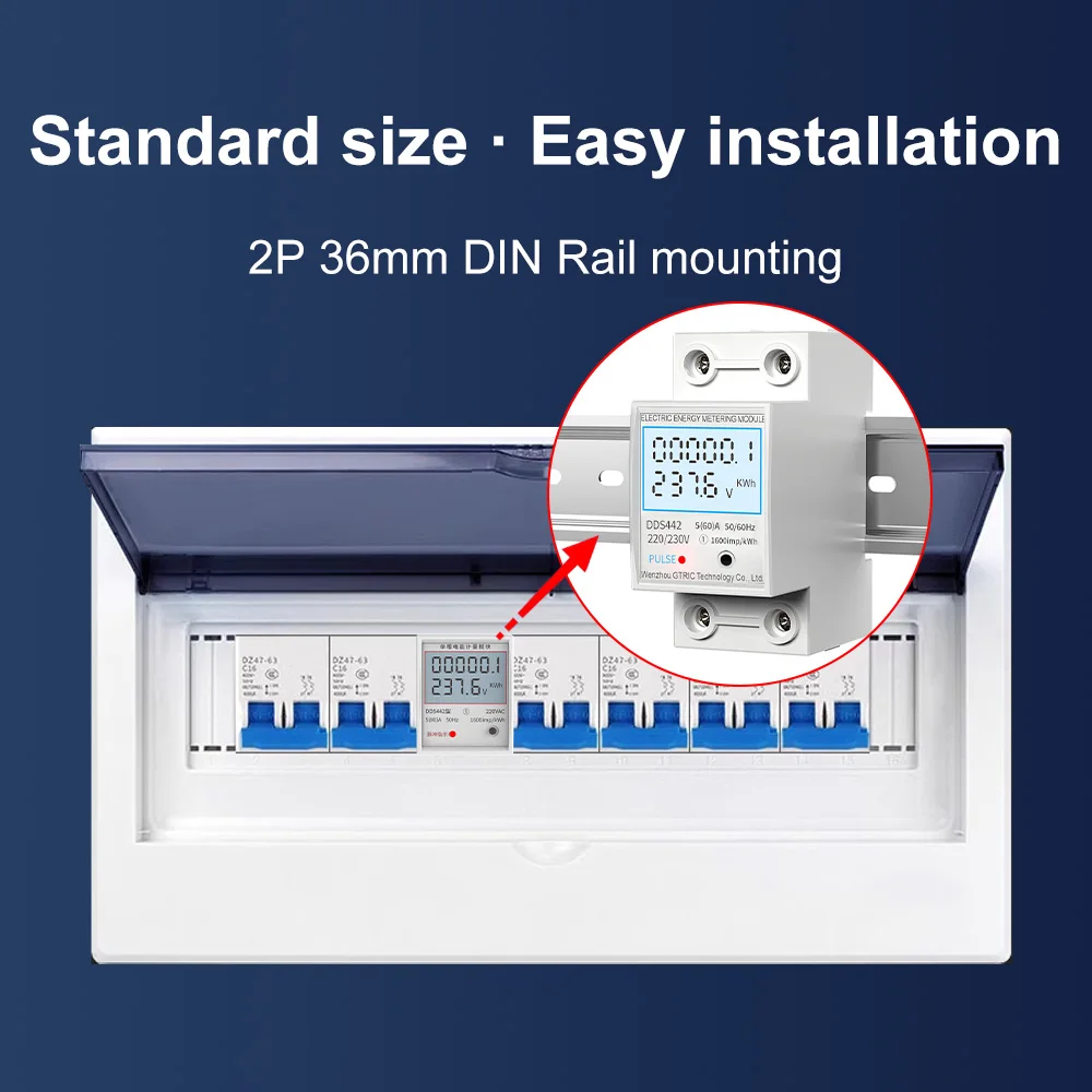 GTRIC Electric Energy Meter 2P Single Phase  LCD Digital Display DIN Rail Mounting 2-wire Electric Meter Wattmeter AC 230V 50Hz-4