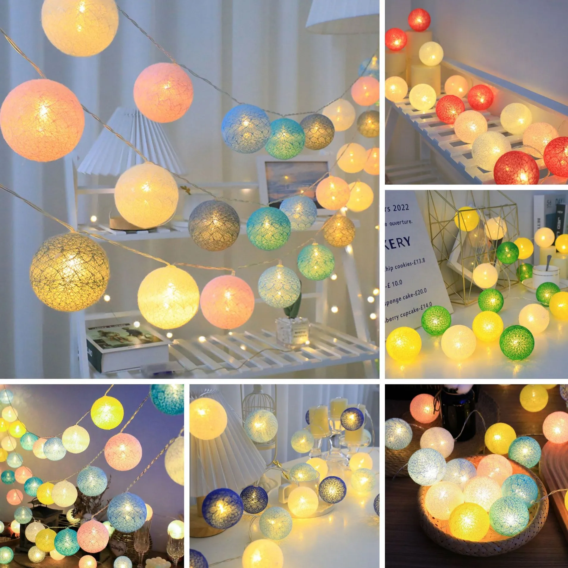 Battery Colorfull Cotton Garland 4cm LED Balls Christmas String Holiday Lights for Home Decoration Wedding Fairy Bedroom Decor-6