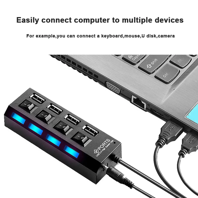 USB 2.0 Hub Multi USB Splitter Ports Hub Use Power Adapter 4/ 7 Port Multiple Expander Hub with Switch 30CM Cable For Home-4