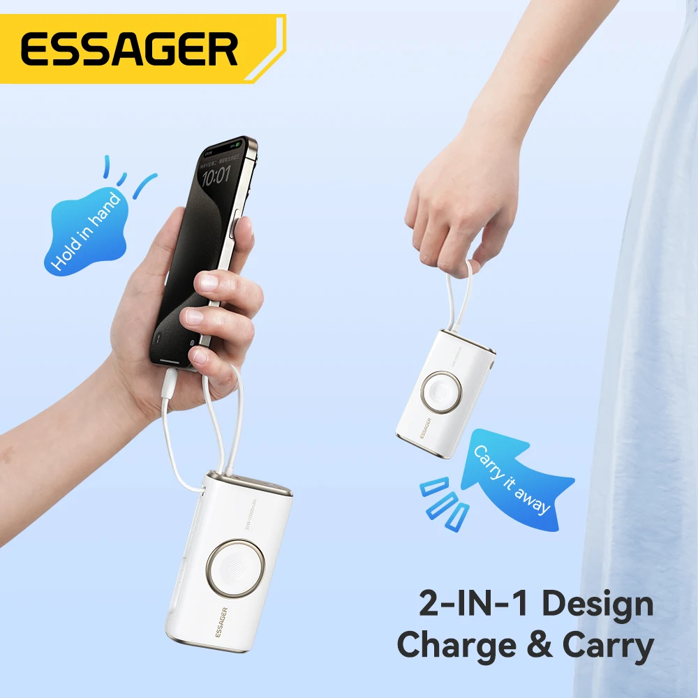 Essager Portable Power Bank 30W 10000mAh With Cable for iPhone 16 15 Xiaomi Wireless Magnetic Charger for Apple Watch Series 9 8-6