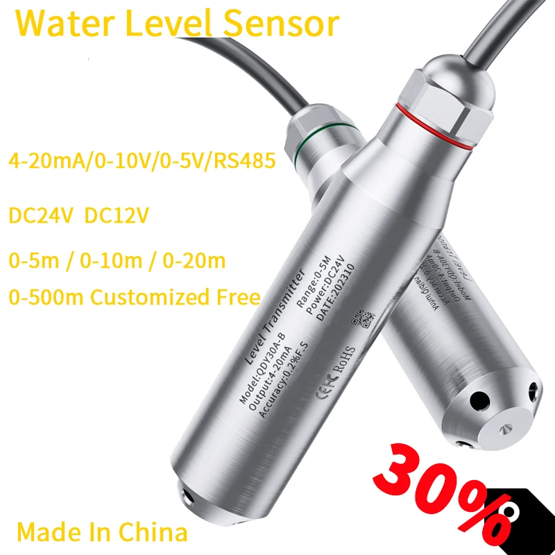 Water Level Sensor 4-20mA 0-10V 0-5V RS485 Level Transmitter 0-5m Liquid Level Sensor Transmitter 304SS Level Sensor Probe
