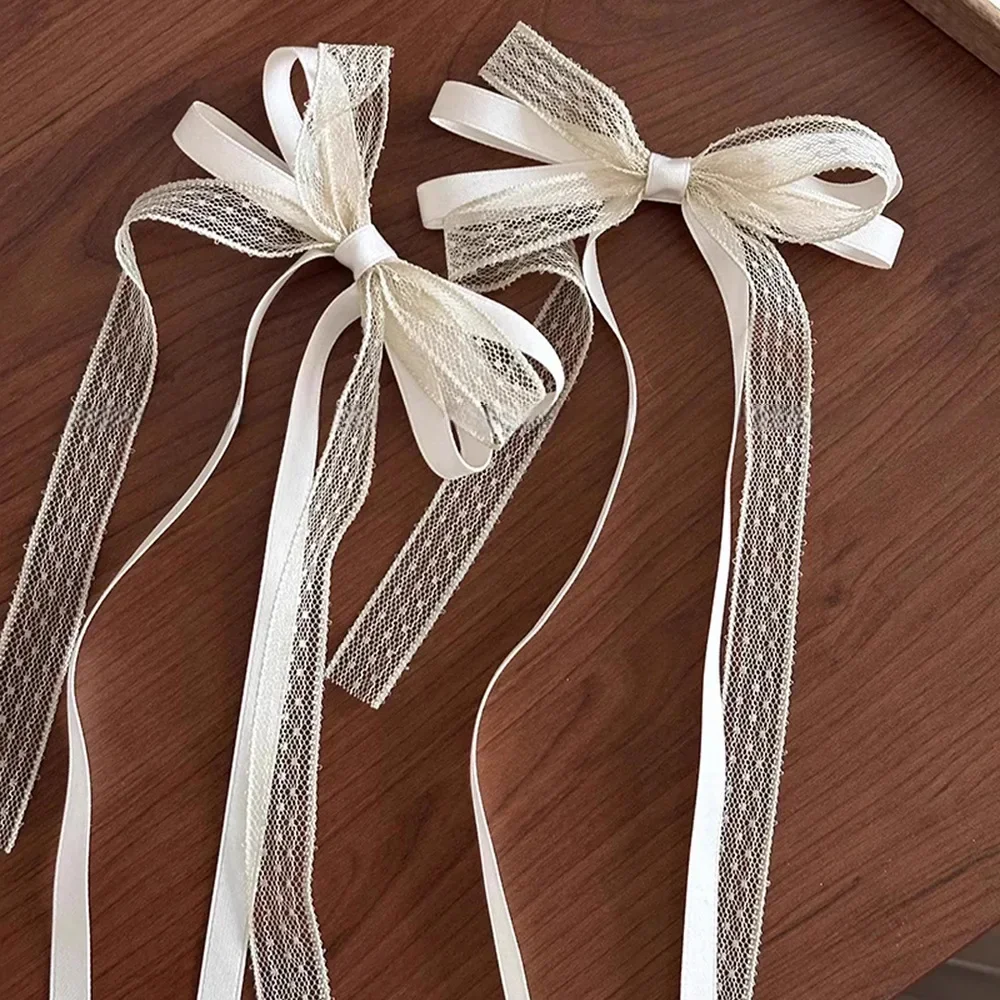 2pcs Korean Lace Bow Hair Clip Trend Long Ribbon Hairpins Barrettes Headband for Women Girl Hair Accessories Wedding Jewelry-3