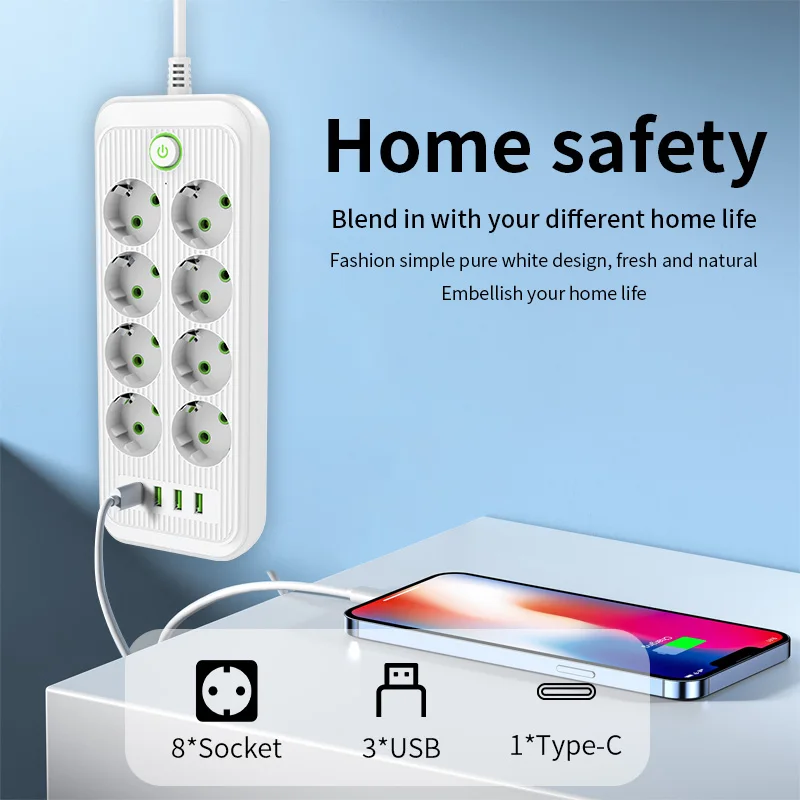 Smart Power Strip EU Plug AC Outlet Multiprise Extension Cord Electrical Socket Network Filter With 3USB Type C PD Fast Charging-3