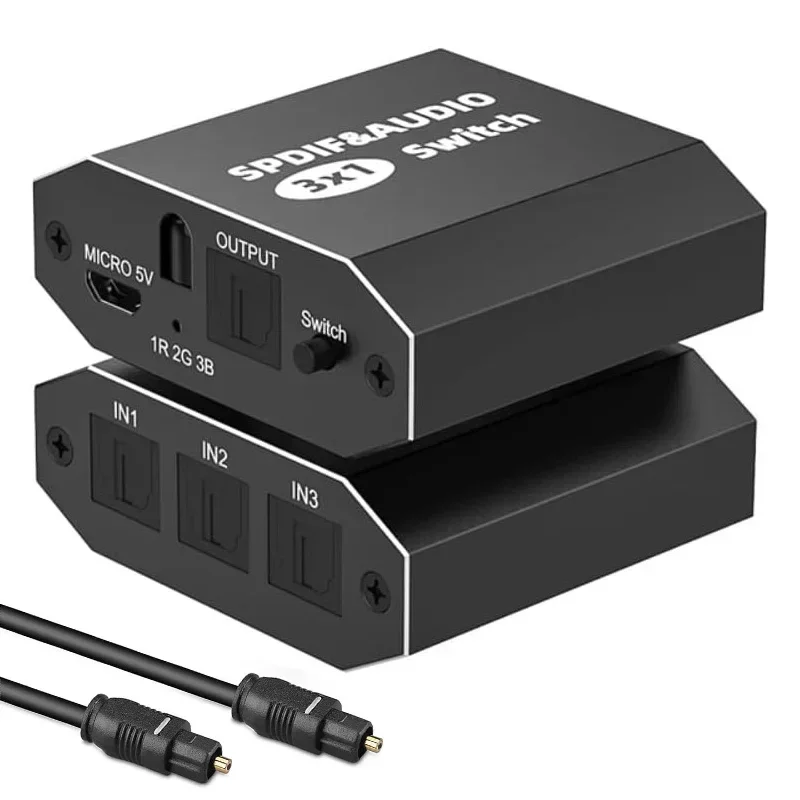 3 Port SPDIF Toslink Audio Switch 3x1 Digital Optical Audio Switcher Selector Hub with IR Remote Support LPCM 2.0-2