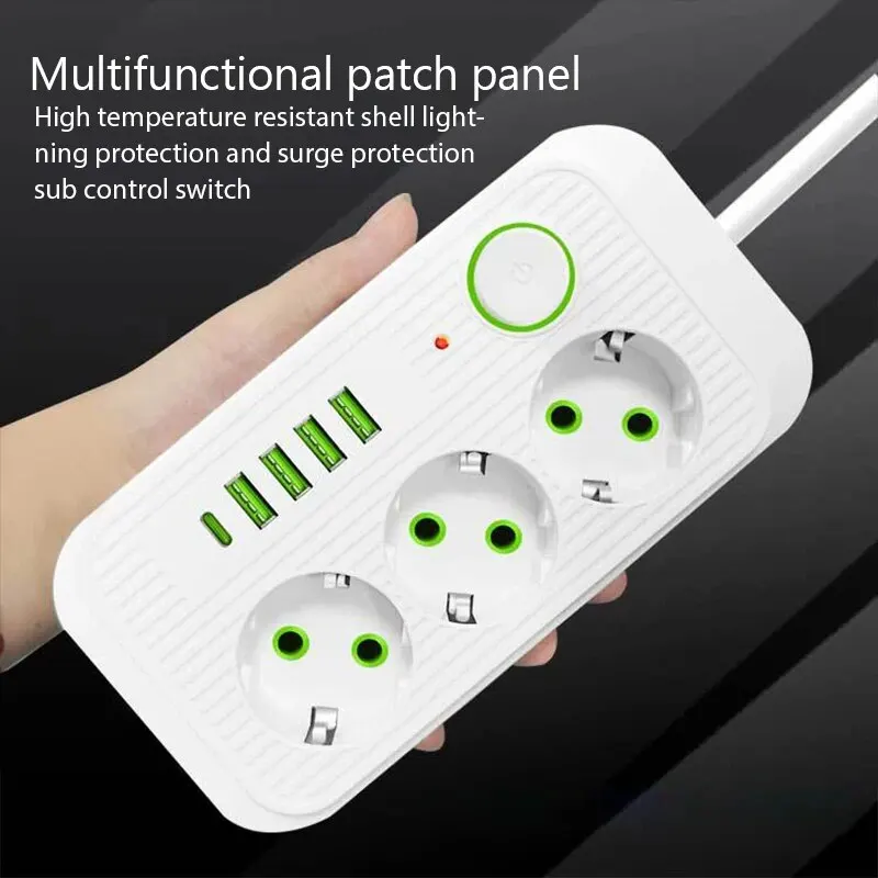 EU Plug Power Strip 2M Extension Cable Multiprise 3AC Outlets Electrical Socket with 4 USB 1 Type C Network Filter Fast Charging-2