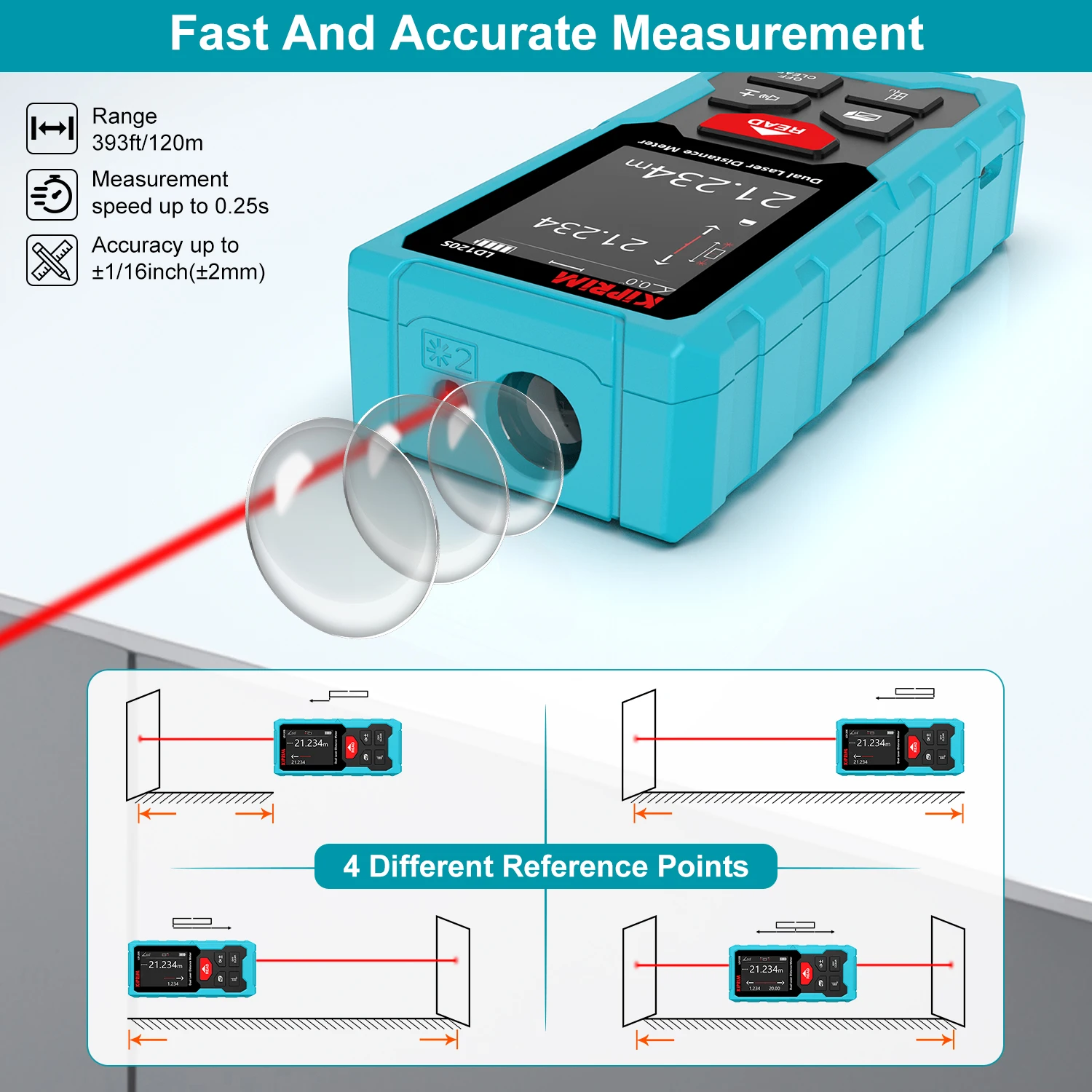 Kiprim Dual Laser Distance Meter Rechargeable Bilateral Laser Rangefinder 120m Digital Tape Measure Angle Measurment Tool-4