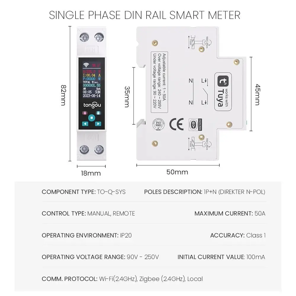 1P 50A Tuya WIFI Smart Switch Circuit Breaker LED Energy Meter KWh Power Metering Timer Relay Remote Control Smart Life APP-6