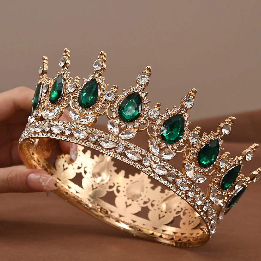 European Princess Queen Tiara Round Baroque Pageant Crowns Crystal Full Crown King Tiaras Bridal Wedding Hair Accessories-4