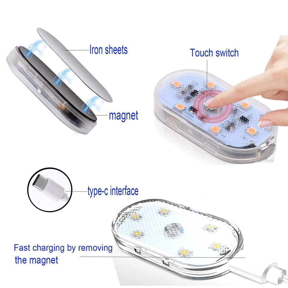 2PCS Magnetic Touch Light Car Roof Magnet Ceiling Led Camper Car Interior Lighting USB Charging Touch Activated LED Lights-5