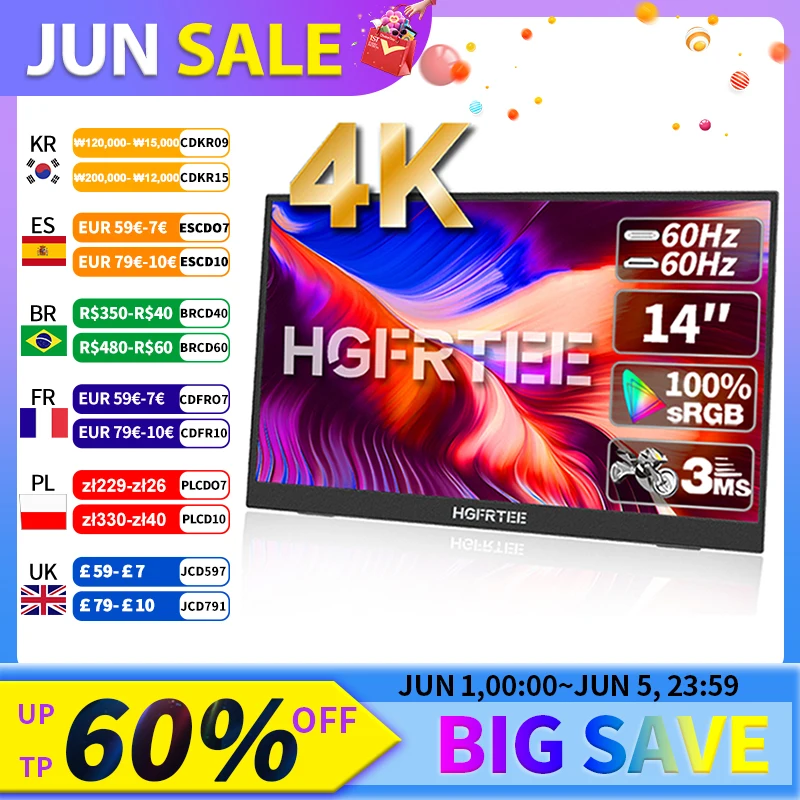 HGFRTEE 14inch 4K Portable Monitor 3840*2160 100%SRGB ADS-IPS Extended Display with Bracket For PC Laptop Phone Switch