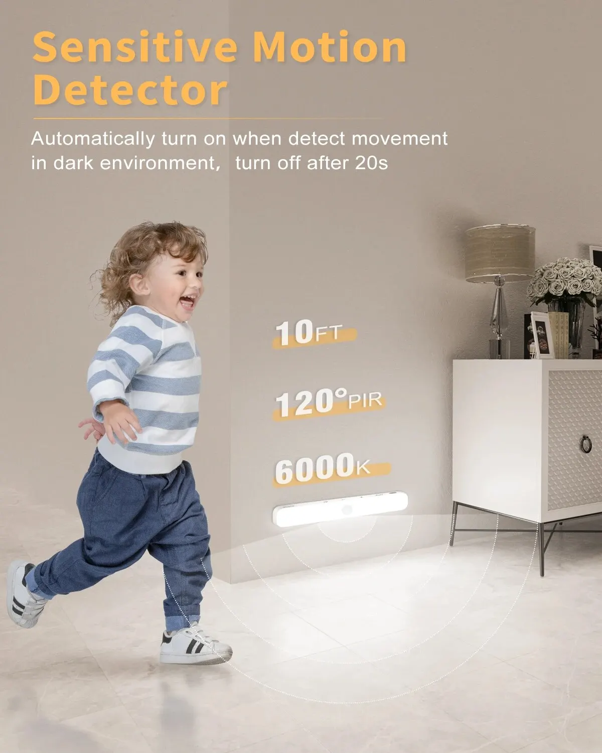 WILLED Motion Sensor Cabinet Light Battery Display 60 LED Touch Light Bar Wireless Rechargeable Battery Night Light-6