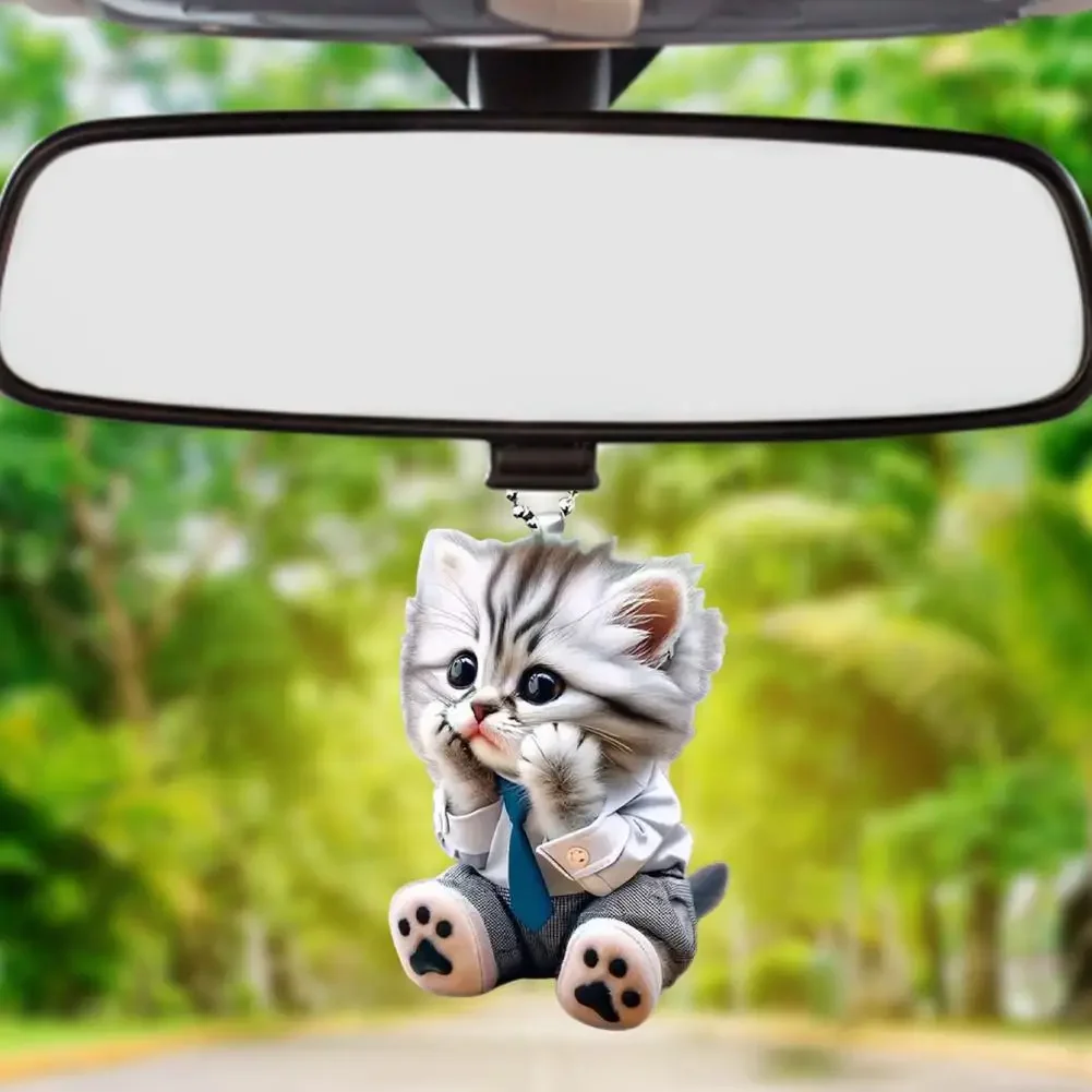 Car Pendant Hanging Ornament With Chain Realistic Animal Cat-Shaped Rearview Mirror Hanging Decor Car Interior Accessories-6