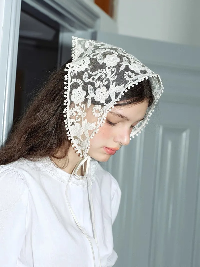 White Woven Floral Lace Hair Scarf Wraps Women Retro Triangle Headscarf Hat Travel Photo Headband Hair Accessories-6